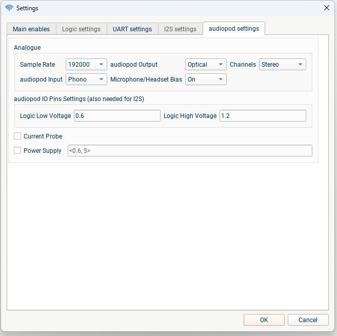 Audiopod settings tab, including dropdowns for audio input/output, sample rate, and logic analyser and current probe settings.