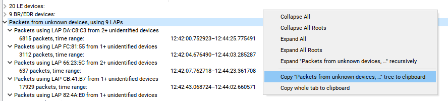 Context menu with \'Copy Packets from unknown device...\' tree to
clipboard
highlighted.